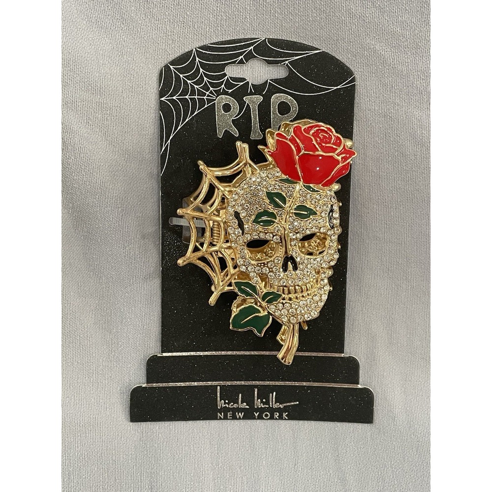 NEW Nicole Miller Gold Metal Claw Hair Clip RIP Halloween - Rhinestone Skull